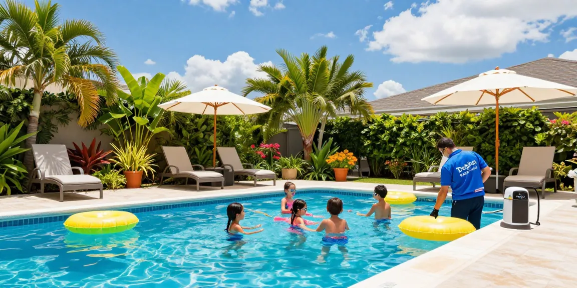 Dolphin Pool Services technician performing maintenance by a family enjoying their backyard pool on a sunny day.