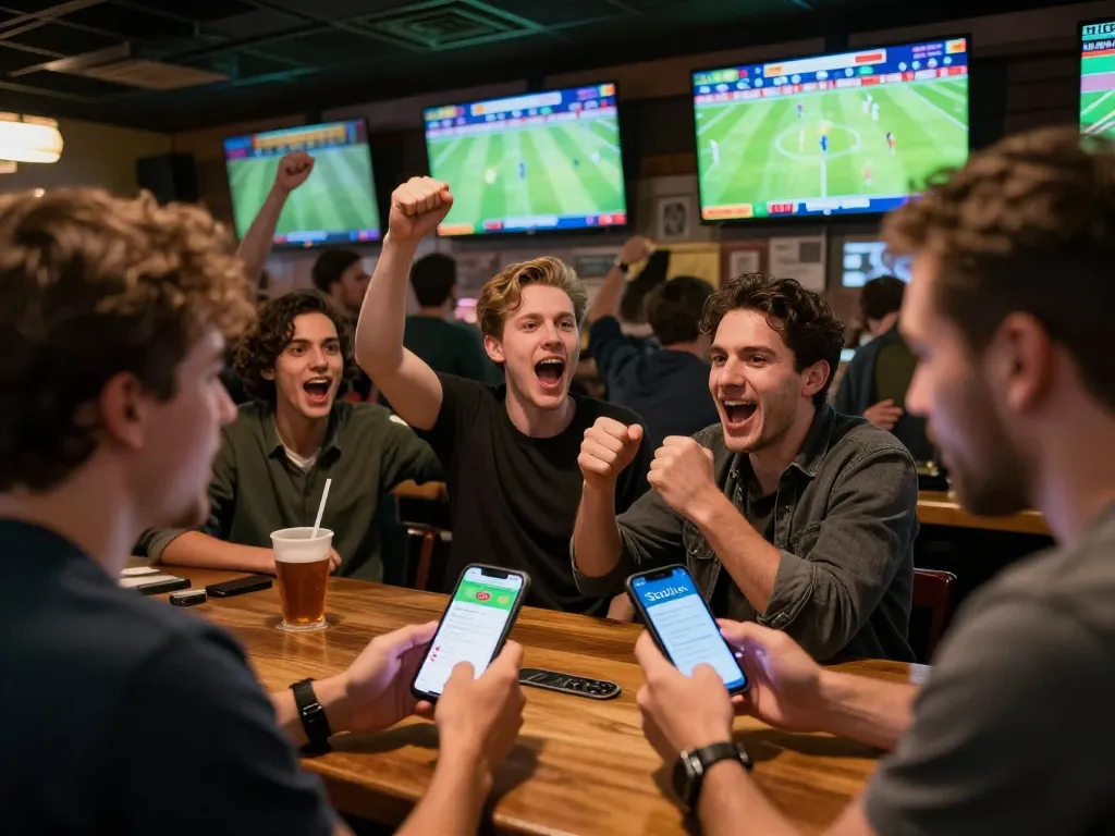 Socolive app user placing bets during an exciting football match in a lively sports bar