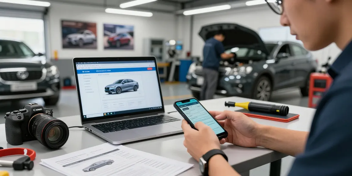 Checking a car's reg check UK history in a modern garage.