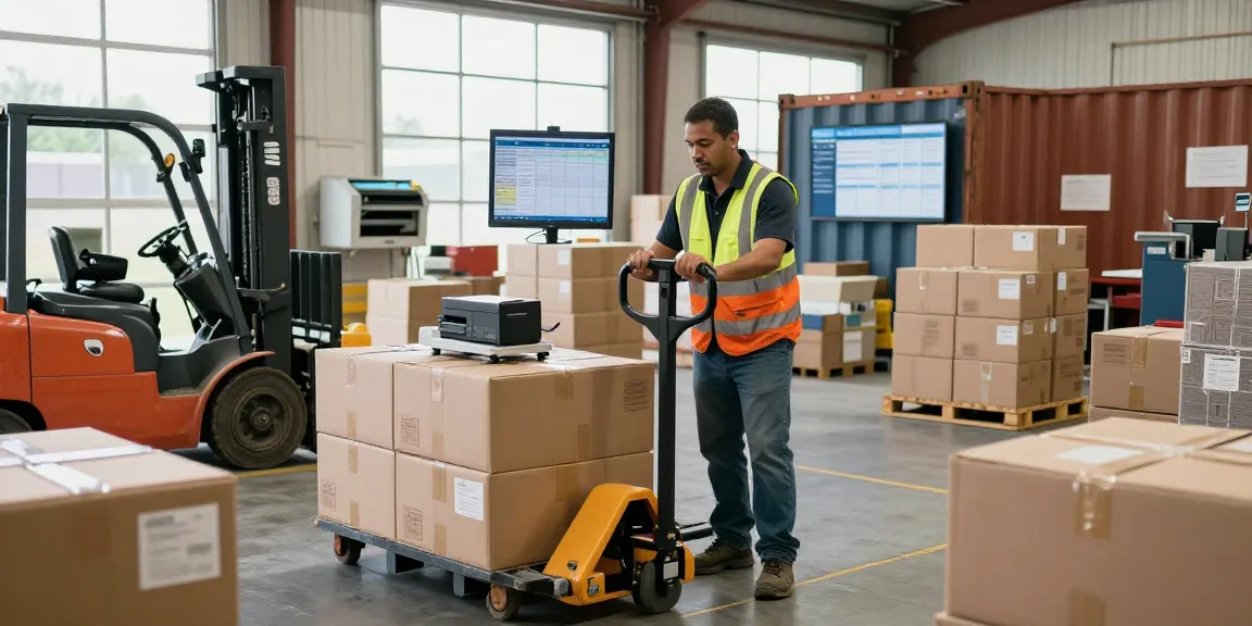 Manual pallet truck with scale and printer in Texas optimizing warehouse operations, showcasing efficient material handling solutions.