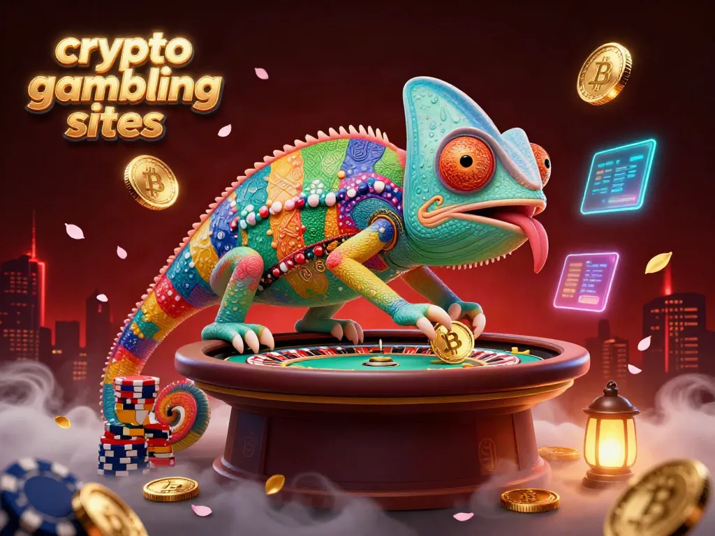 Engage with thrilling action at crypto gambling sites featuring 3D chameleon casino owner amid Bitcoin and Ethereum elements.