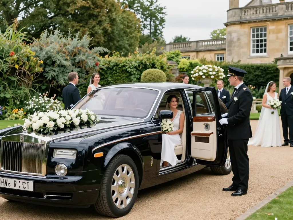 Nottingham Limo Hire showcasing a luxurious Rolls-Royce Phantom at a wedding venue, highlighting elegance and joyful celebration.