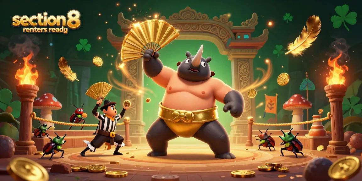Illustration of section 8 renters ready showcasing a victorious beetle champion amidst a vibrant gambling scene.