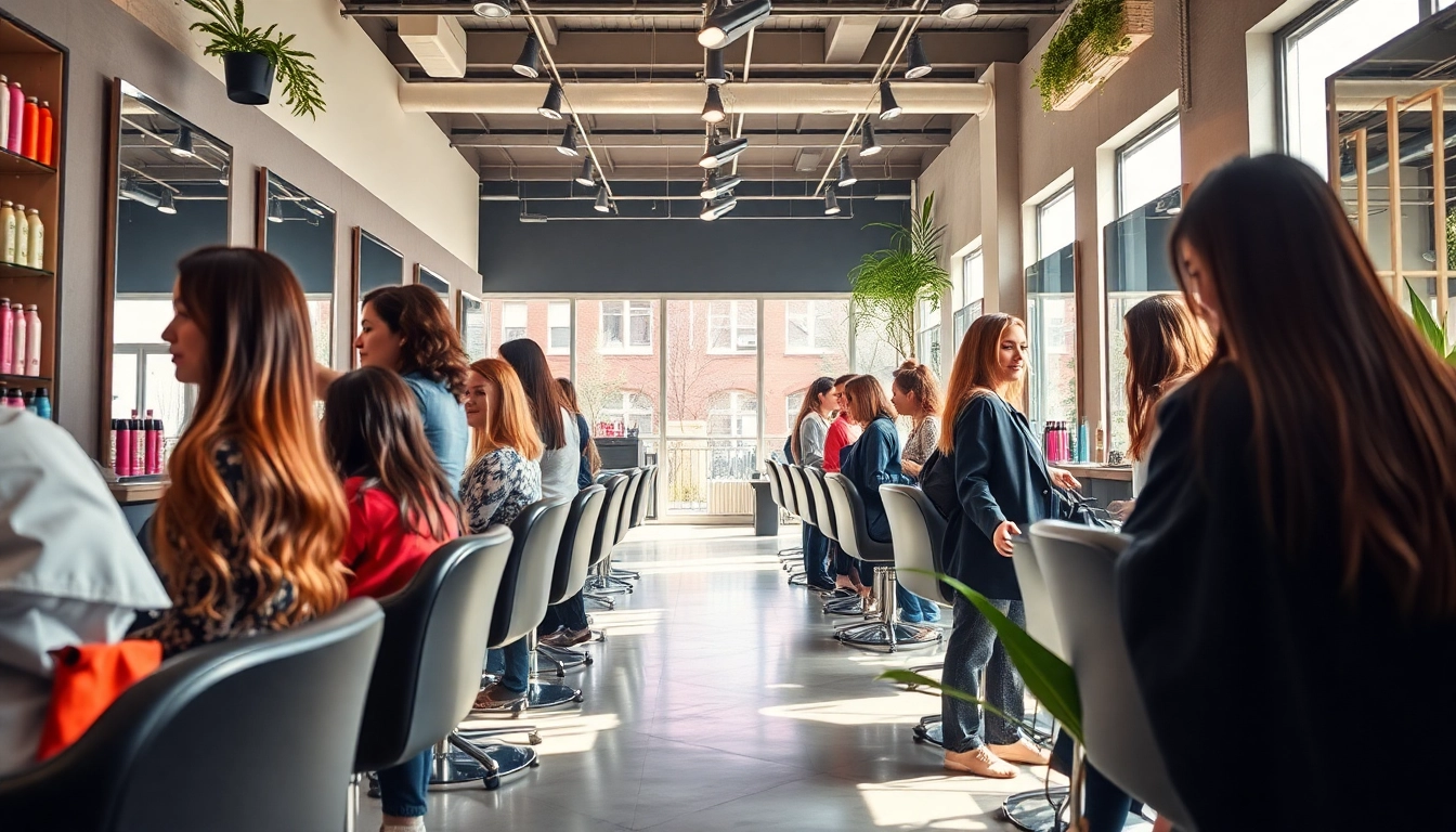 Experience a haircut near me in a vibrant, modern salon setting filled with diverse clients and stylists.