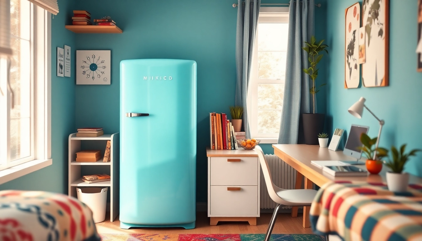Enjoy a cozy dorm room fridge against a bright college backdrop, showcasing vibrant design elements.