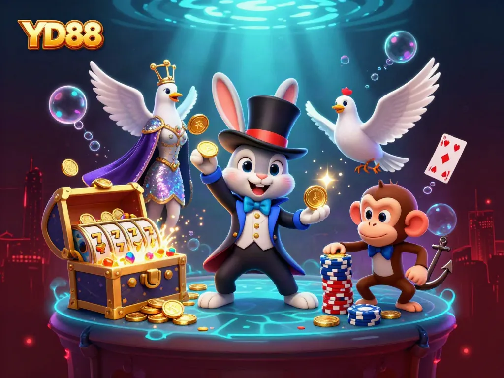 Experience the magic of YD88 with a dazzling rabbit, dove, and monkey amid vibrant casino riches.