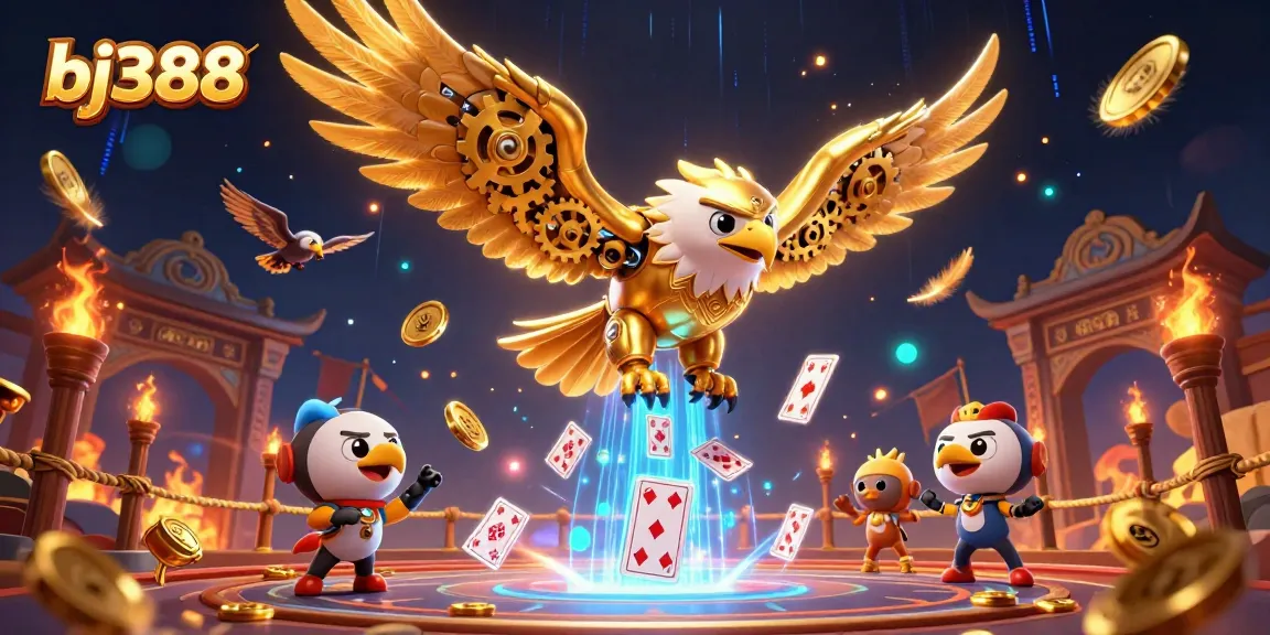Engage with bj388's vibrant cybernetic eagle diving through winning playing cards in a dynamic casino scene.
