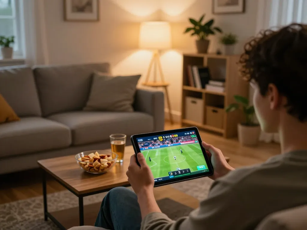 Watching xem trực tiếp bóng đá on a tablet during a cozy home gaming session with ambient lighting and snacks.