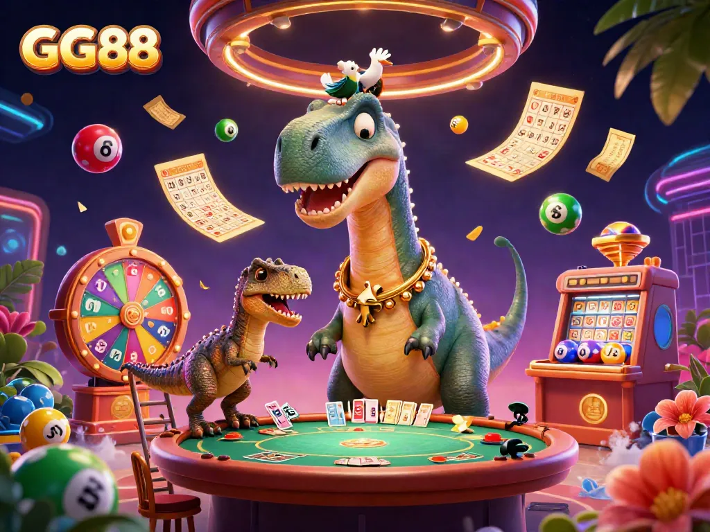 Experience vibrant gameplay at GG88 casino with a whimsical scene featuring a giant brontosaurus and lively game elements.