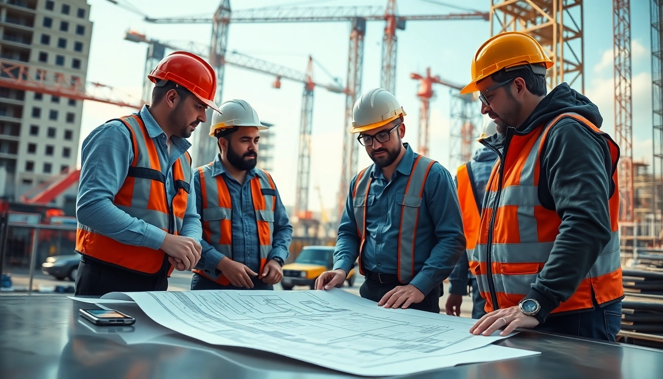 Team of construction professionals from a construction member organization analyzing plans on-site.
