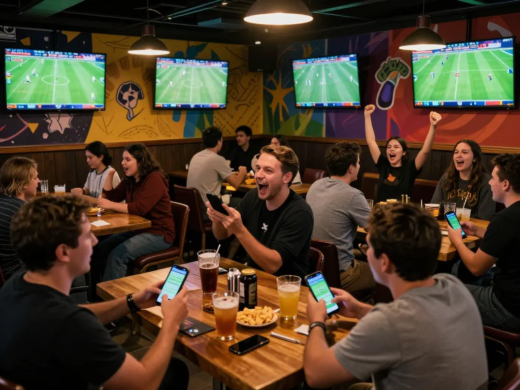 Xoilac sports fans engaging in live betting while watching matches at a vibrant sports bar.
