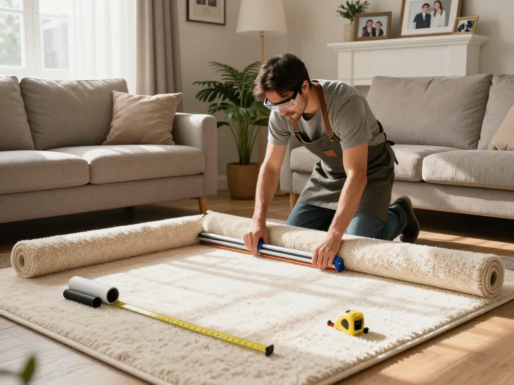 Professional carpet fitter installing plush carpet in cozy living room, emphasizing local services for carpet fitters near me.