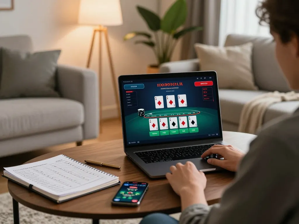 Engage with go8 online blackjack strategies at home, showing a player focused on the game.