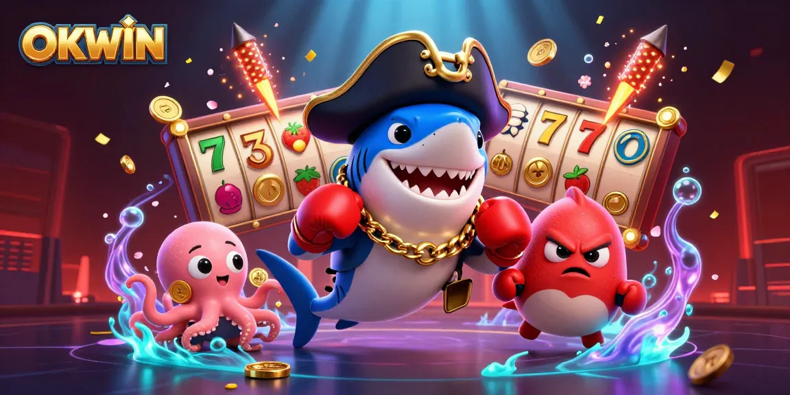 Spin with OKWIN as the pirate shark and friends collect gold coins in this vibrant casino scene.