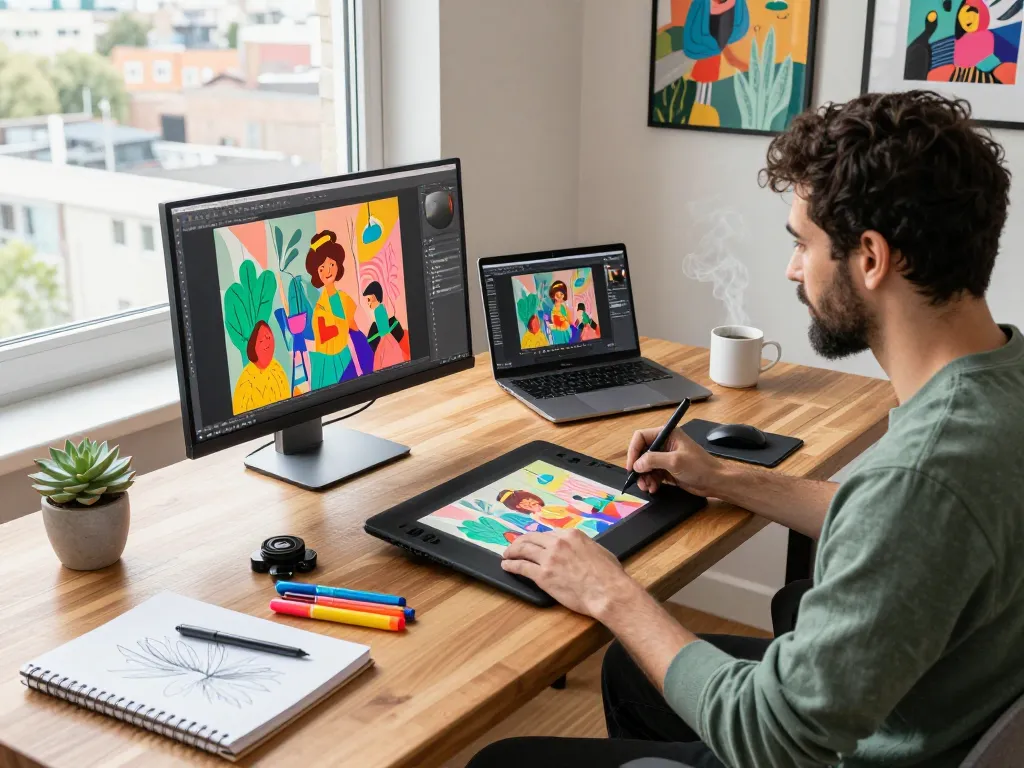 Creative workspace showcasing NSFW digital art creation with vibrant illustrations and modern design tools.