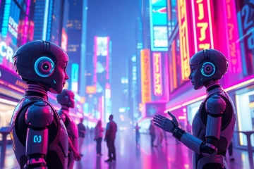 Engaging AI characters in a vibrant digital cityscape, illustrating crush on ai.