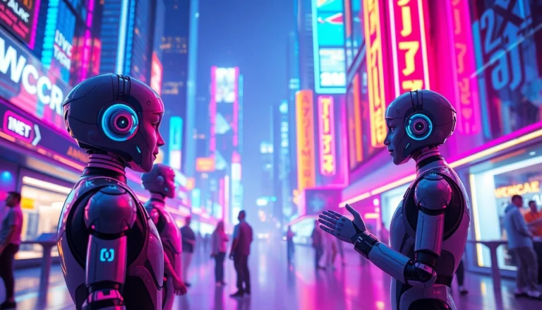 Engaging AI characters in a vibrant digital cityscape, illustrating crush on ai.