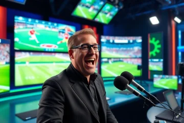 Engaging sports broadcasting studio featuring vibrant screens and commentator.