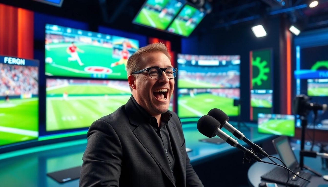 Engaging sports broadcasting studio featuring vibrant screens and commentator.