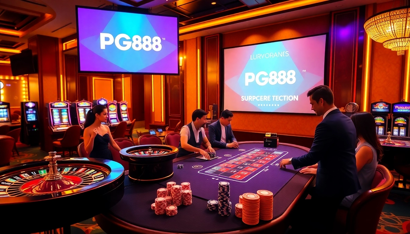 Engage in thrilling games at PG88, featuring elegant casino tables and vibrant slot machines.