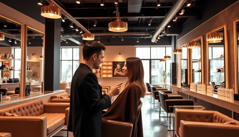 Luxury hair salons with elegant interiors and professional stylists creating beautiful hairstyles.