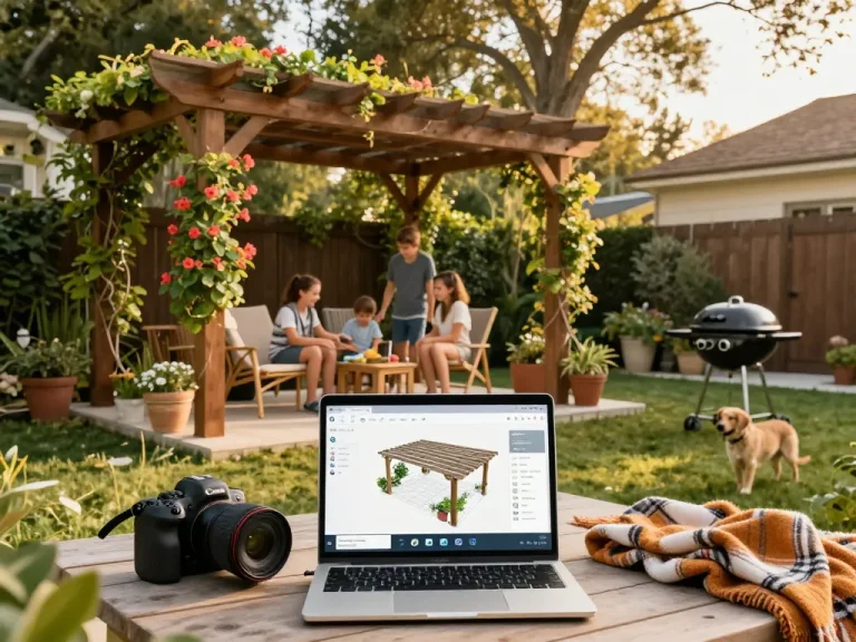 Family joyfully using a 3D pergola configurator on a laptop in their inviting backyard.