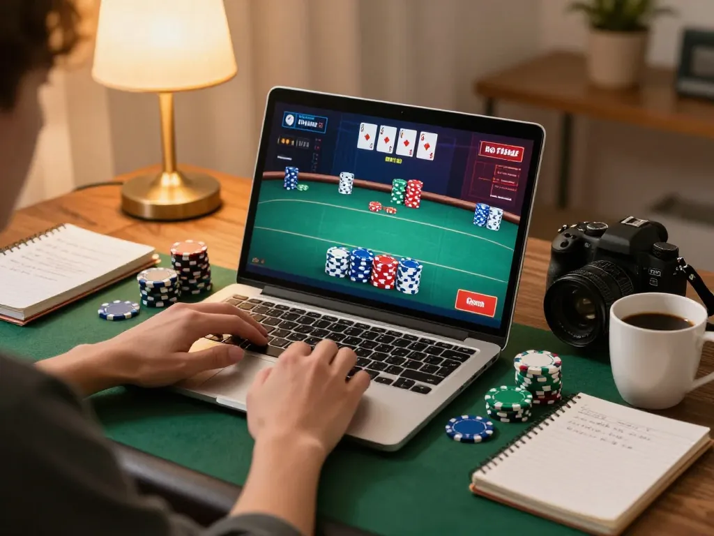 Man club online poker gaming at home with vibrant chips on display and cozy ambiance