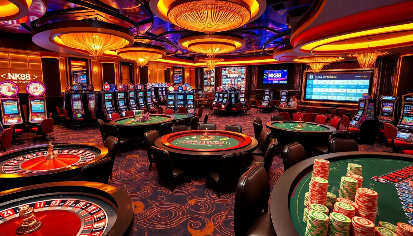Experience the excitement at NK88 with modern casino elements like roulette wheels and poker tables.