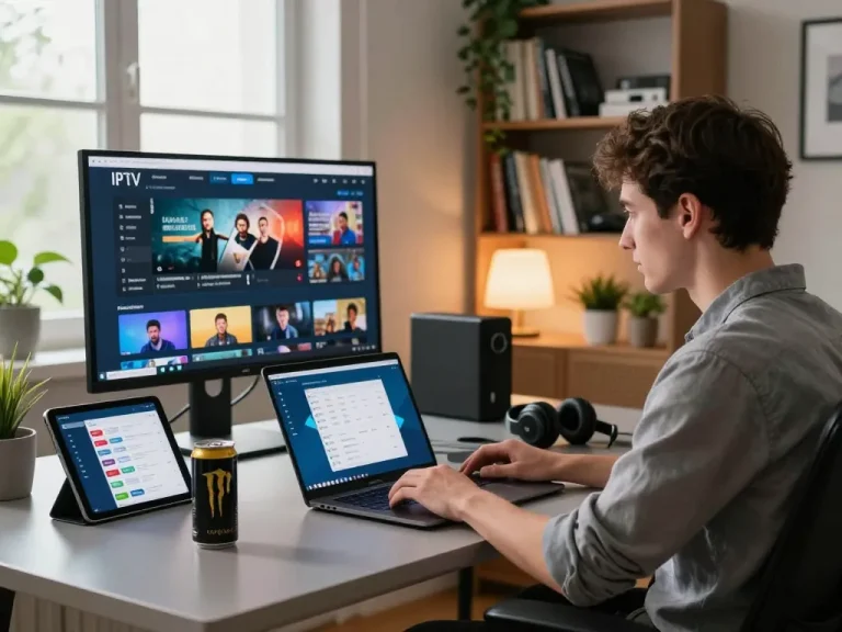 Professional using an IPTV player on Windows in a modern workspace with tech elements.