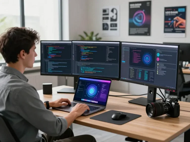 Innovative AI developer using mind control ai tools in a modern workspace, showcasing coding and technology integration.