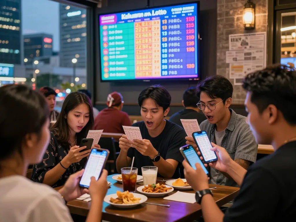Pemain yang bersemangat memeriksa hasil Pengeluaran HK Lotto di smartphone dalam suasana kafe perkotaan yang ramai.