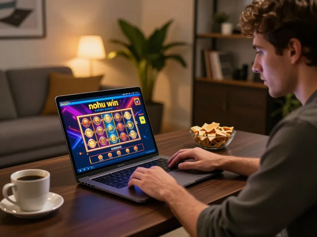Player celebrates a win on nohu win platform while enjoying an online gaming session from home.