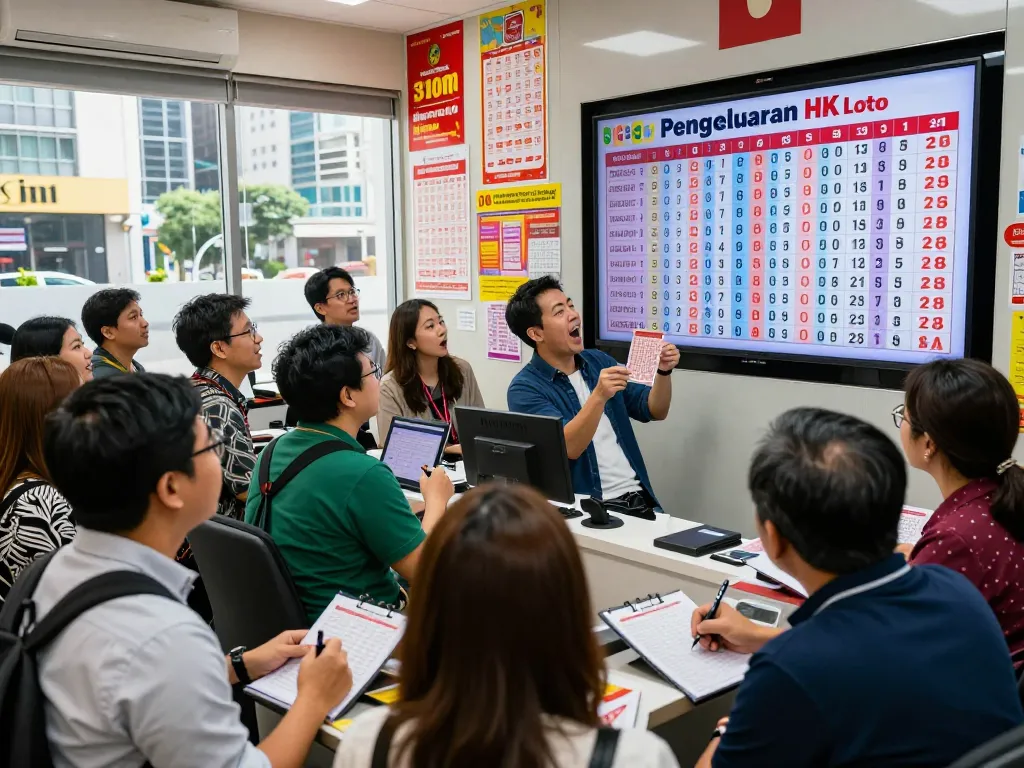 Suasana langsung orang-orang yang bersemangat tentang hasil Pengeluaran HK Lotto di kantor lotere perkotaan yang ramai.