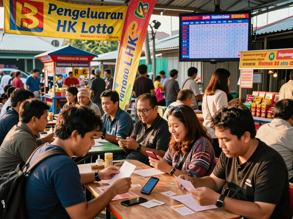 Para pemain yang bersemangat memeriksa tiket Pengeluaran HK Lotto di tempat taruhan luar ruangan yang meriah saat golden hour.