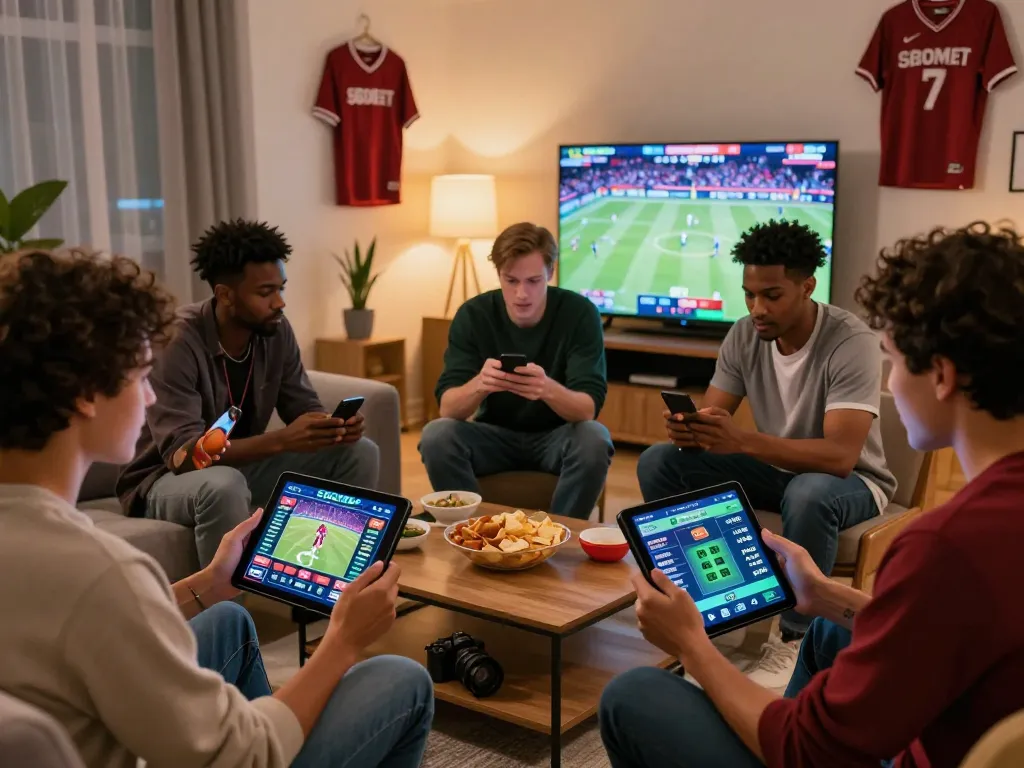 SBOBET sports betting enthusiasts discussing odds in a lively living room.