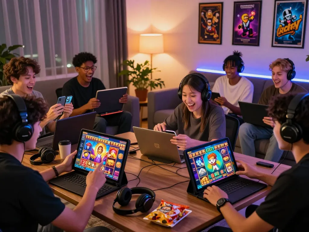 Diverse group enjoying dk7 สล็อต on smartphones and tablets in a cozy gaming setup