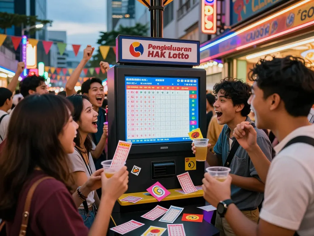 Teman-teman merayakan hasil Pengeluaran HK Lotto di lingkungan perkotaan yang cerah, menunjukkan kegembiraan dan semangat komunitas.