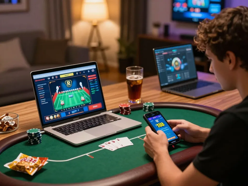 Player engaging in online poker at nhà cái F168 with vibrant interface and laptop setup, strategic focus.