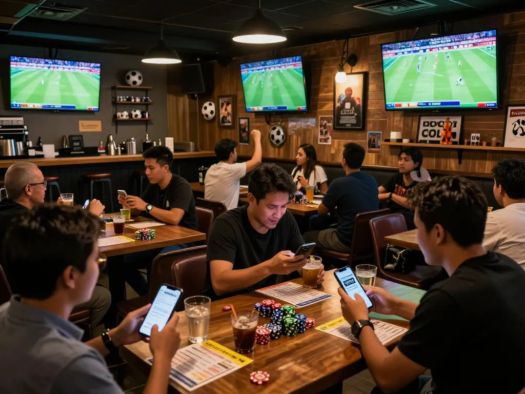 Pemain taruhan yang terlibat menikmati taruhan Judi Bola di tempat yang ramai dengan banyak layar