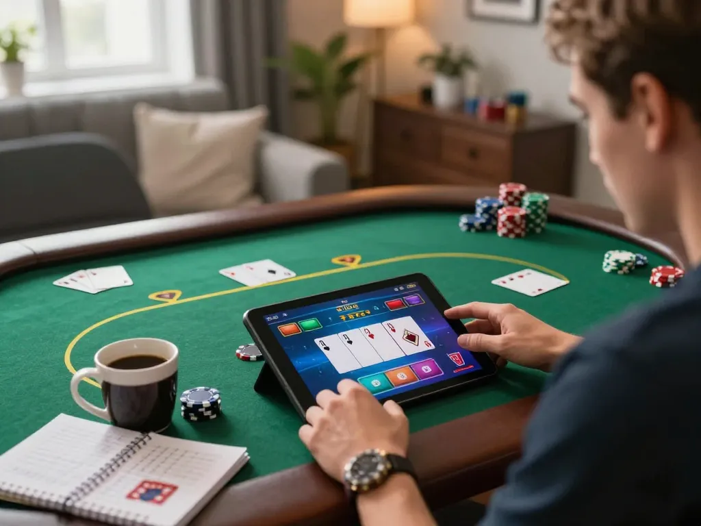 Player enjoying a poker game on MB66 tablet interface in a cozy home setup.