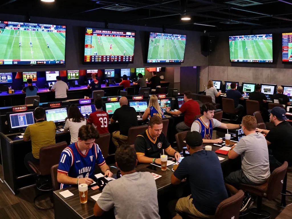 Tỷ lệ kèo nhà cái 5 displayed on large screens in a vibrant sportsbook as excited bettors place wagers.