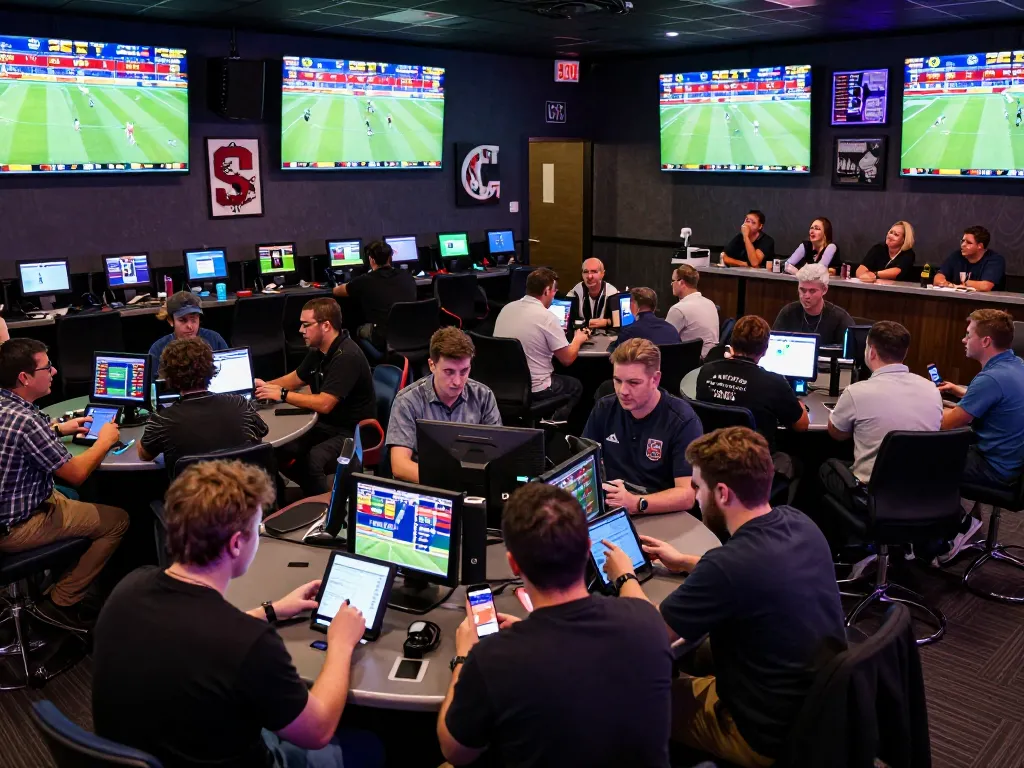Penaruh yang bersemangat terlibat dalam Mix Parlay di sportsbook modern sambil bersorak untuk taruhan langsung mereka.