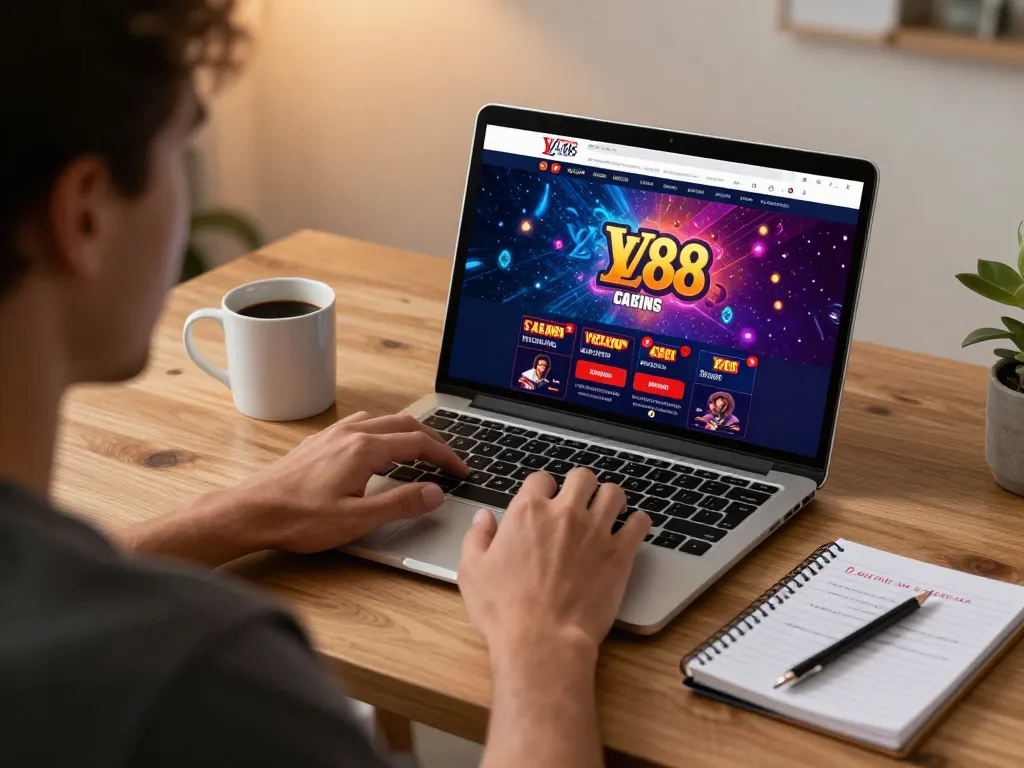 Player engaging with LV88 casino game on laptop in a cozy home office setup