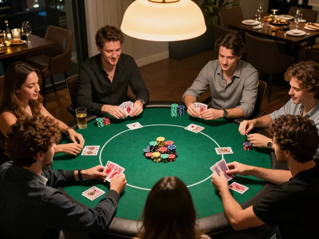 Pemain SBOBET88 terlibat dalam permainan poker kompetitif malam, memperlihatkan strategi dan kebersamaan.