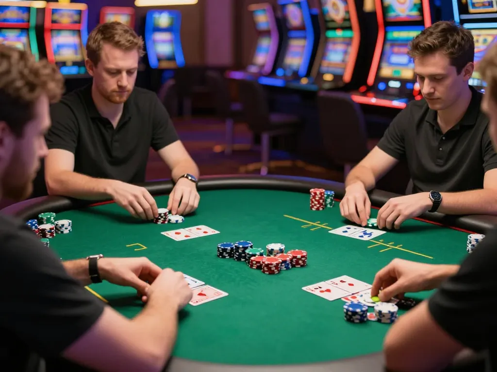 hitclub players strategizing at a dynamic poker table in an upscale casino environment