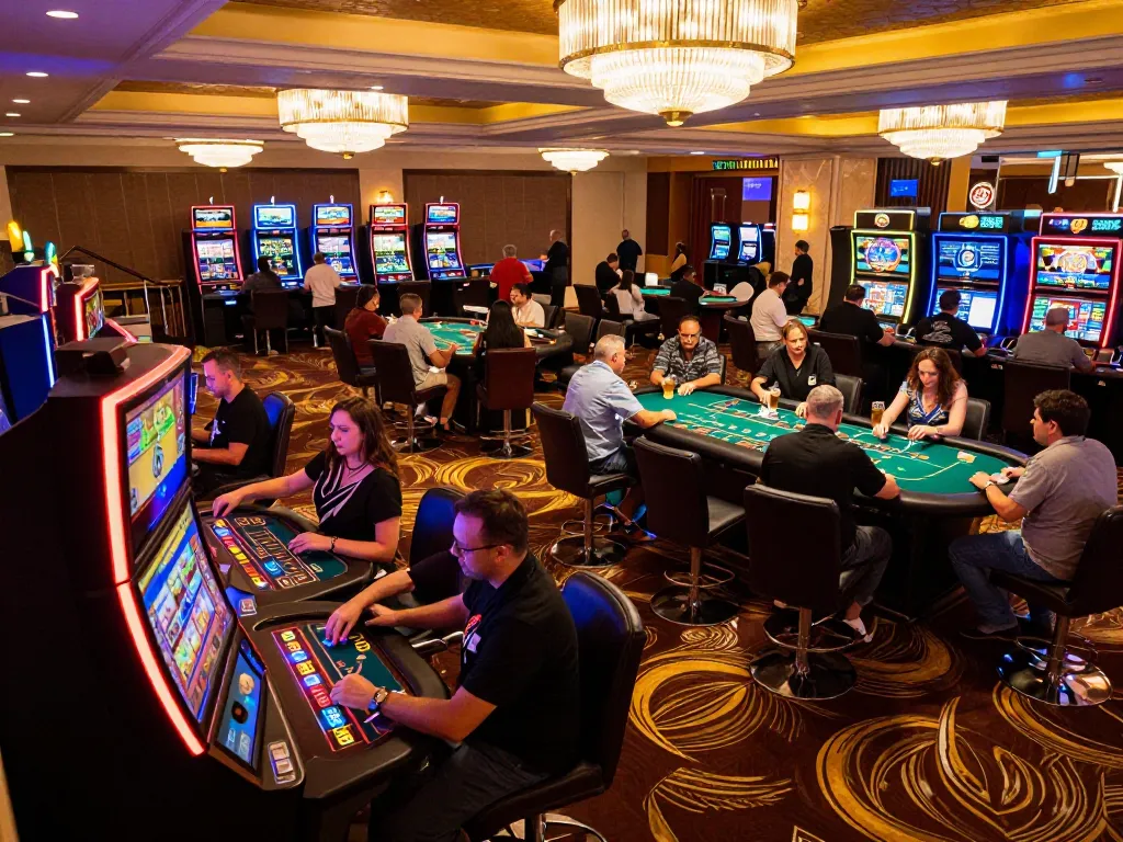Players engaging at the bustling Luck8 casino floor, showcasing excitement and vibrant slot machines.