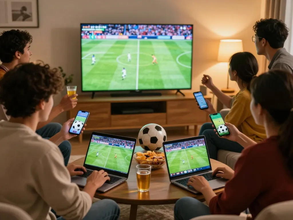 Watch xem trực tiếp bóng đá in an exciting group setting, where friends bet online while enjoying the game.