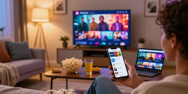 Pikashow APK streaming interface displayed on smartphone, cozy user scene with snacks and TV.