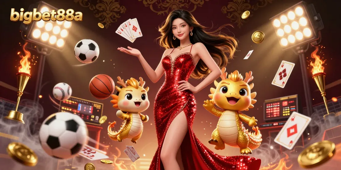 Experience the thrill of bigbet88a with an Asian woman in glamorous red, a golden dragon, and dynamic sports elements.