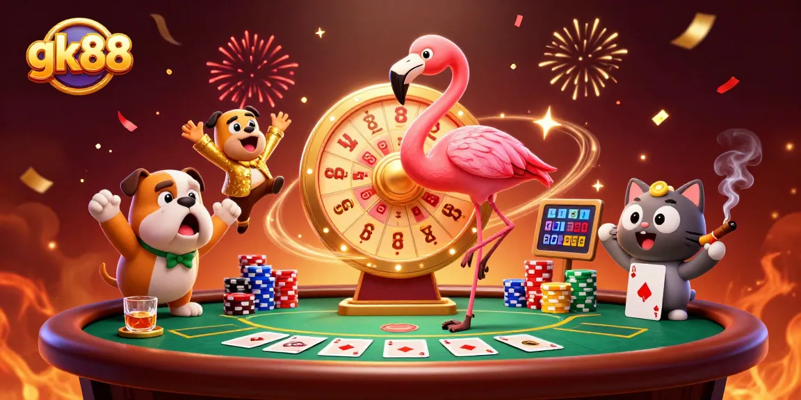 Spin to win with gk88, showcasing a vibrant casino scene with exciting characters and poker elements.